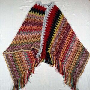PERMANENT Boho Chevron Knit Poncho Womens One Size Multicolor Fringe Cape Wrap
